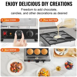 VEVOR Dutch Pancake Maker, 9PCS 76mm Diameter Dorayaki Baker Machine, 850W Commercial Electric Poffertjes Grill, Non-stick Stainless Steel, Temp & Time Control, for Home Kitchen Restaurant Snack Bar