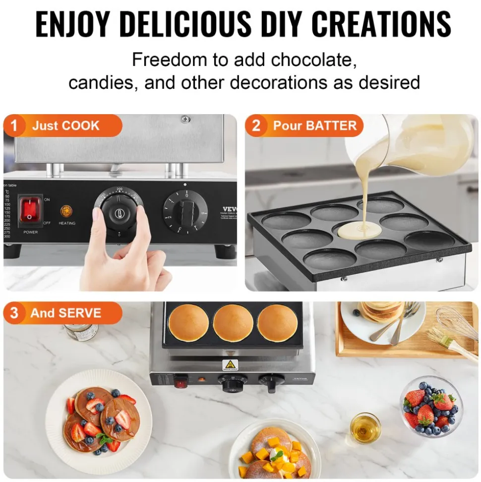 VEVOR Dutch Pancake Maker, 9PCS 76mm Diameter Dorayaki Baker Machine, 850W Commercial Electric Poffertjes Grill, Non-stick Stainless Steel, Temp & Time Control, for Home Kitchen Restaurant Snack Bar