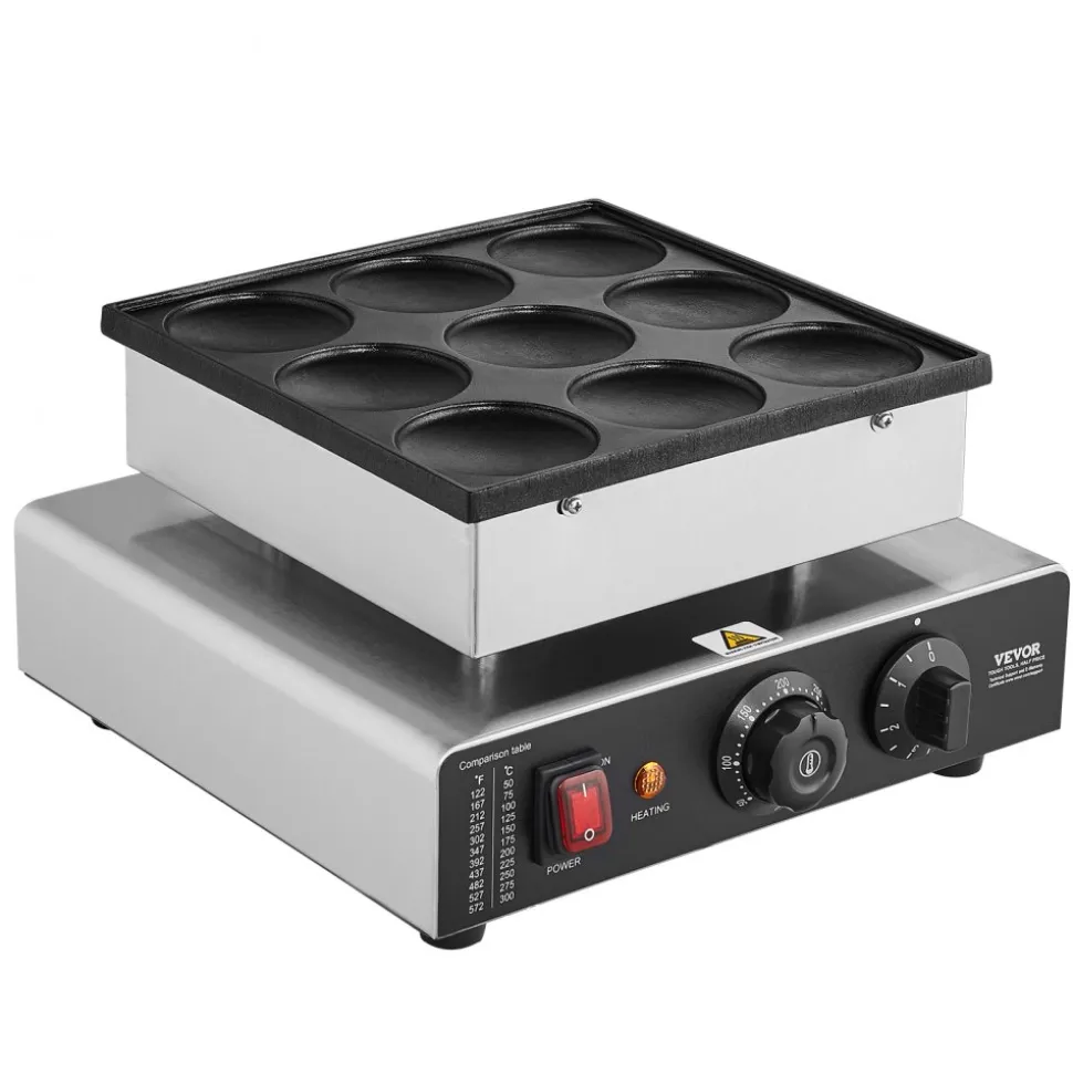 VEVOR Dutch Pancake Maker, 9PCS 76mm Diameter Dorayaki Baker Machine, 850W Commercial Electric Poffertjes Grill, Non-stick Stainless Steel, Temp & Time Control, for Home Kitchen Restaurant Snack Bar