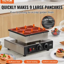 VEVOR Dutch Pancake Maker, 9PCS 76mm Diameter Dorayaki Baker Machine, 850W Commercial Electric Poffertjes Grill, Non-stick Stainless Steel, Temp & Time Control, for Home Kitchen Restaurant Snack Bar