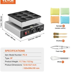 VEVOR Dutch Pancake Maker, 9PCS 76mm Diameter Dorayaki Baker Machine, 850W Commercial Electric Poffertjes Grill, Non-stick Stainless Steel, Temp & Time Control, for Home Kitchen Restaurant Snack Bar