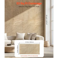 VEVOR 3D Wall Panels, 4 Pack 48 x 24 in PU Natural Stone Imitation Wall Art Tiles, 32 Sq.Ft Coverage Accent Wall Panel, Interior Home Decor for Ceiling, Bedroom, Living & Gaming Room, Stone Yellow