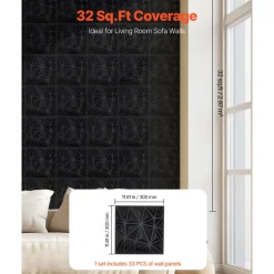 VEVOR 3D Wall Panels, 33-Pack 11.81 x 11.81 in PVC Modern Art Minimalist Diamond Tiles, 32 Sq.Ft Coverage Accent Wall Panel, Interior Home Decor for Ceiling, Bedroom, Living & Gaming Room, Matte Black