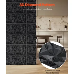 VEVOR 3D Wall Panels, 33-Pack 11.81 x 11.81 in PVC Modern Art Minimalist Diamond Tiles, 32 Sq.Ft Coverage Accent Wall Panel, Interior Home Decor for Ceiling, Bedroom, Living & Gaming Room, Matte Black