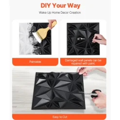 VEVOR 3D Wall Panels, 33-Pack 11.81 x 11.81 in PVC Modern Art Minimalist Diamond Tiles, 32 Sq.Ft Coverage Accent Wall Panel, Interior Home Decor for Ceiling, Bedroom, Living & Gaming Room, Matte Black