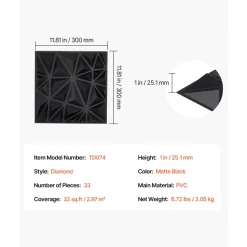 VEVOR 3D Wall Panels, 33-Pack 11.81 x 11.81 in PVC Modern Art Minimalist Diamond Tiles, 32 Sq.Ft Coverage Accent Wall Panel, Interior Home Decor for Ceiling, Bedroom, Living & Gaming Room, Matte Black