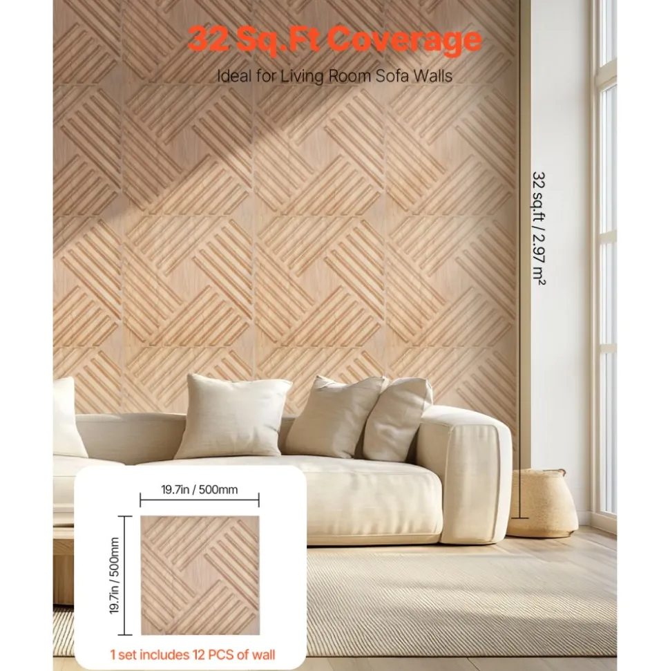 VEVOR 3D Wall Panels, 12-Pack 19.7 x 19.7 in PVC Modern Art Minimalist Salt Tiles, 32 Sq.Ft Coverage Accent Wall Panel, Interior Home Decor for Ceiling, Bedroom, Living & Gaming Room, Light Wood Color
