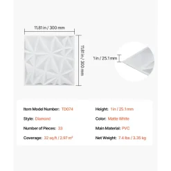 VEVOR 3D Wall Panels, 33-Pack 11.81 x 11.81 in PVC Modern Art Minimalist Diamond Tiles, 32 Sq.Ft Coverage Accent Wall Panel, Interior Home Decor for Ceiling, Bedroom, Living & Gaming Room, Matte White