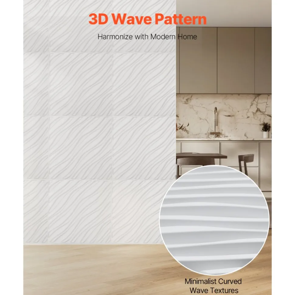 VEVOR 3D Wall Panels, 12-Pack 19.7 x 19.7 in PVC Modern Art Minimalist Wave Tiles, 32 Sq.Ft Coverage Accent Wall Panel, Interior Home Decor for Ceiling, Bedroom, Living & Gaming Room, Matte White