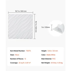 VEVOR 3D Wall Panels, 12-Pack 19.7 x 19.7 in PVC Modern Art Minimalist Wave Tiles, 32 Sq.Ft Coverage Accent Wall Panel, Interior Home Decor for Ceiling, Bedroom, Living & Gaming Room, Matte White