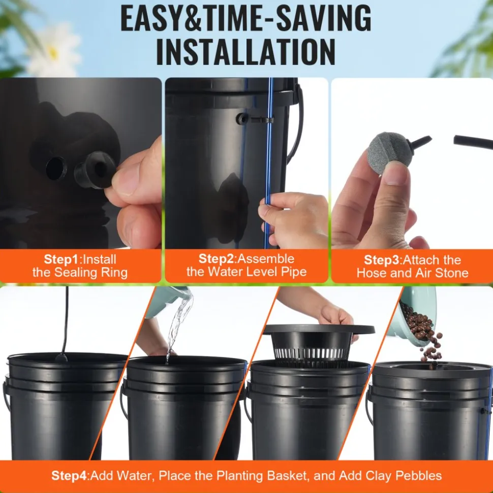 VEVOR DWC Hydroponics Grow System, Hydroponic Growing System with Top Drip Kit, 5-Gallon Deep Water Culture with Air Pump, Air Stone and Water Level Device for Leafy Vegetables(1 Bucket+Top Drip Kit)