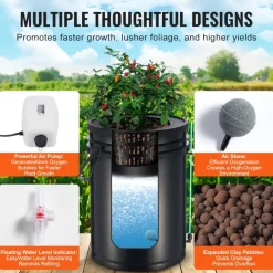 VEVOR DWC Hydroponics Grow System, Hydroponic Growing System with Top Drip Kit, 5-Gallon Deep Water Culture with Air Pump, Air Stone and Water Level Device for Leafy Vegetables(1 Bucket+Top Drip Kit)