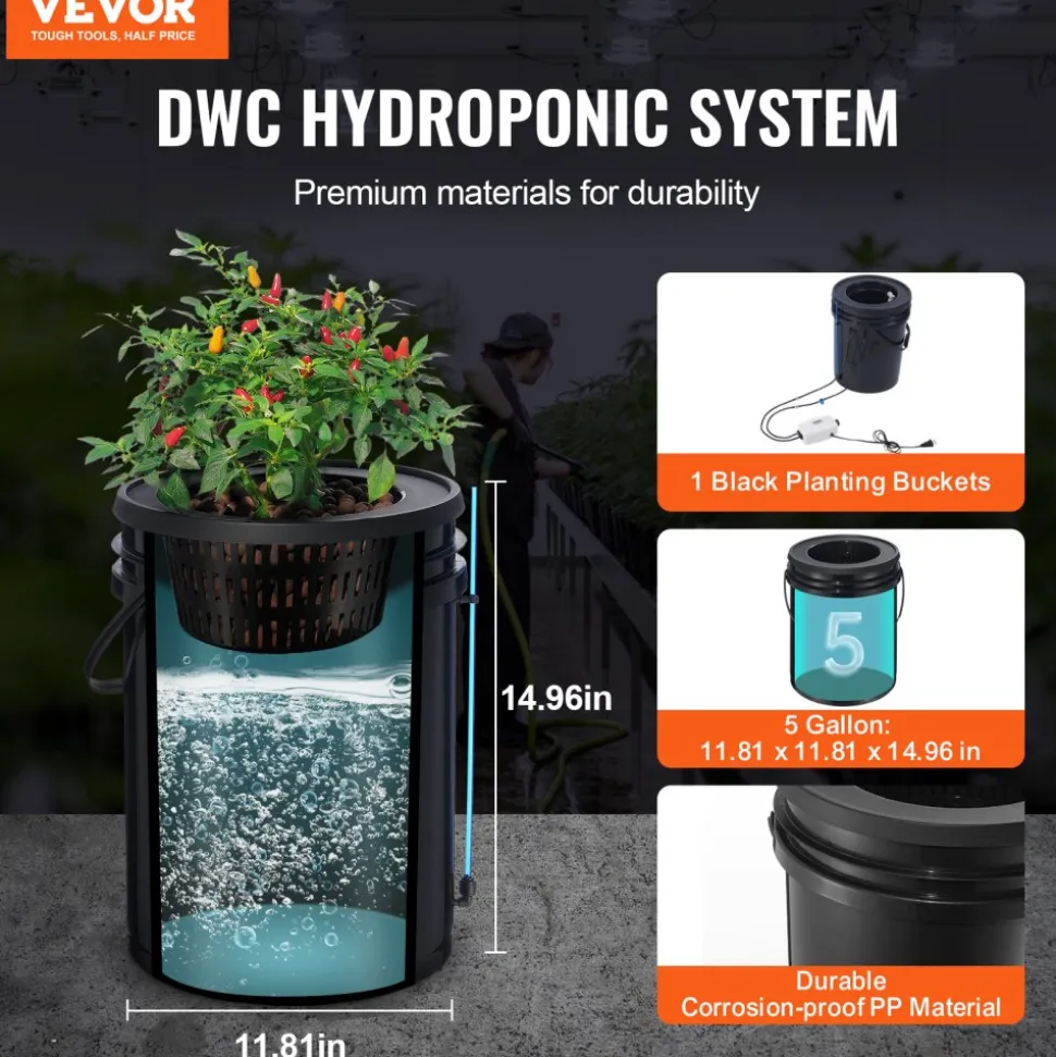 VEVOR DWC Hydroponics Grow System, Hydroponic Growing System with Top Drip Kit, 5-Gallon Deep Water Culture with Air Pump, Air Stone and Water Level Device for Leafy Vegetables(1 Bucket+Top Drip Kit)