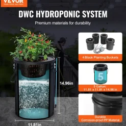 VEVOR DWC Hydroponics Grow System, Hydroponic Growing System with Top Drip Kit, Deep Water Culture 5-Gallon 4 Buckets, with Air Pump, Air Stones and Water Level Device for Leafy Vegetables