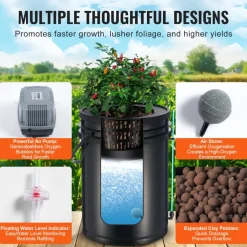 VEVOR DWC Hydroponics Grow System, Hydroponic Growing System with Top Drip Kit, Deep Water Culture 5-Gallon 4 Buckets, with Air Pump, Air Stones and Water Level Device for Leafy Vegetables