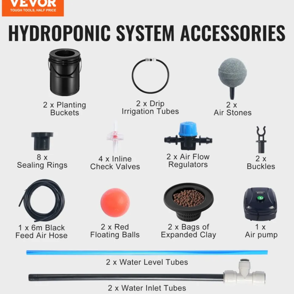 VEVOR DWC Hydroponics Grow System, Hydroponic Growing System with Top Drip Kit, Deep Water Culture 5-Gallon 2 Buckets, with Air Pump, Air Stones and Water Level Device for Leafy Vegetables
