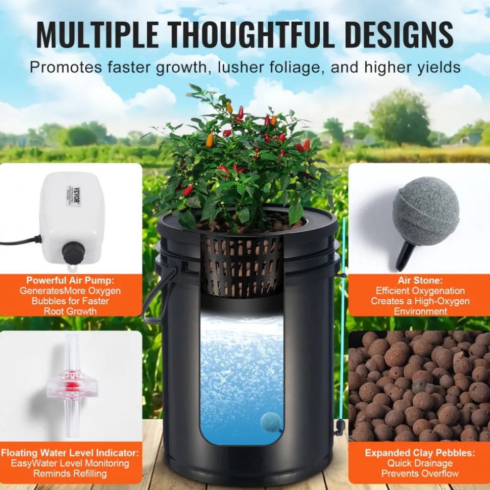 VEVOR DWC Hydroponics Grow System, Hydroponic Growing System with Top Drip Kit, Deep Water Culture 5-Gallon 2 Buckets, with Air Pump, Air Stones and Water Level Device for Leafy Vegetables