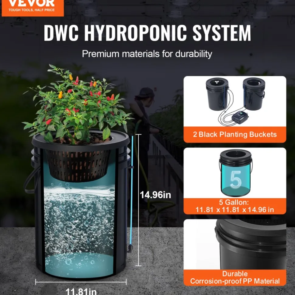 VEVOR DWC Hydroponics Grow System, Hydroponic Growing System with Top Drip Kit, Deep Water Culture 5-Gallon 2 Buckets, with Air Pump, Air Stones and Water Level Device for Leafy Vegetables