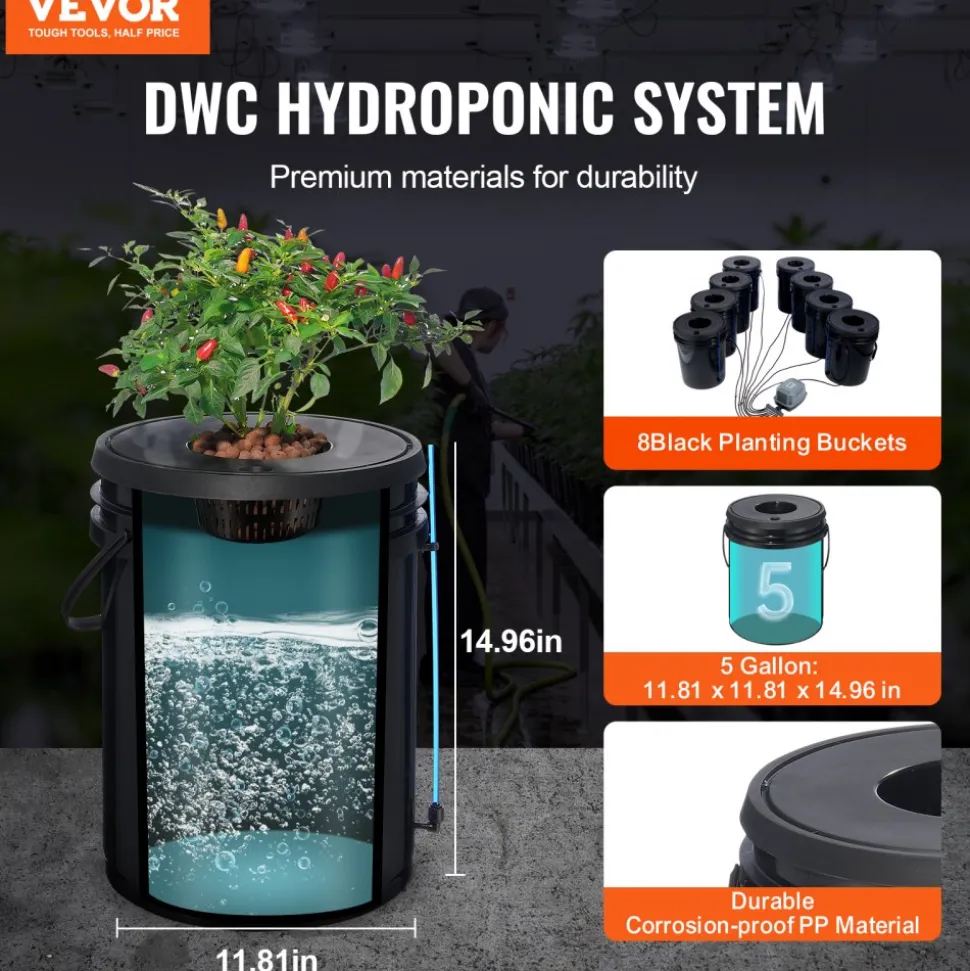 VEVOR DWC Hydroponic System, 5 Gallon 8 Buckets, Deep Water Culture Growing Bucket, Hydroponics Grow Kit with Pump, Air Stone and Water Level Device, for Indoor/Outdoor Leafy Vegetables