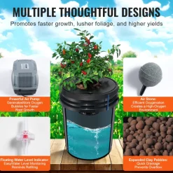 VEVOR DWC Hydroponic System, 5 Gallon 8 Buckets, Deep Water Culture Growing Bucket, Hydroponics Grow Kit with Pump, Air Stone and Water Level Device, for Indoor/Outdoor Leafy Vegetables