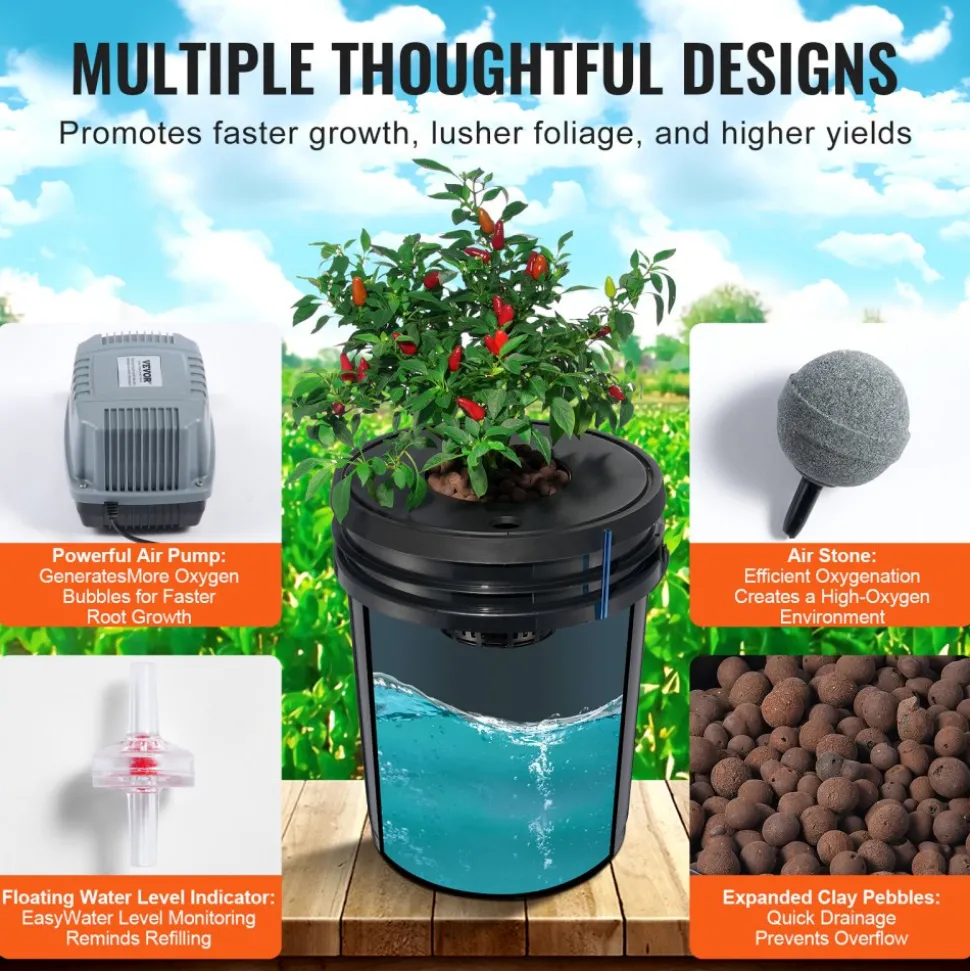 VEVOR DWC Hydroponic System, 5 Gallon 8 Buckets, Deep Water Culture Growing Bucket, Hydroponics Grow Kit with Pump, Air Stone and Water Level Device, for Indoor/Outdoor Leafy Vegetables