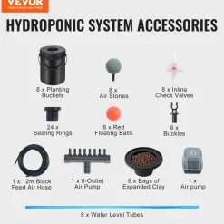 VEVOR DWC Hydroponic System, 5 Gallon 8 Buckets, Deep Water Culture Growing Bucket, Hydroponics Grow Kit with Pump, Air Stone and Water Level Device, for Indoor/Outdoor Leafy Vegetables