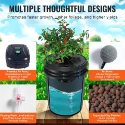 VEVOR DWC Hydroponic System, 5 Gallon 4 Buckets, Deep Water Culture Growing Bucket, Hydroponics Grow Kit with Pump, Air Stone and Water Level Device, for Indoor/Outdoor Leafy Vegetables