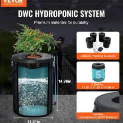 VEVOR DWC Hydroponic System, 5 Gallon 4 Buckets, Deep Water Culture Growing Bucket, Hydroponics Grow Kit with Pump, Air Stone and Water Level Device, for Indoor/Outdoor Leafy Vegetables