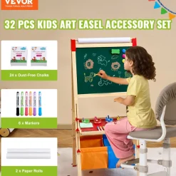 VEVOR Easel Accessory Set, 32 PCS Kid's Art Easel Painting Kit Including Chalks, Dry-Erase Markers & Paper Rolls, Supplies Set for Standing Art Easel, Painting Accessories for Toddlers Boys and Girls