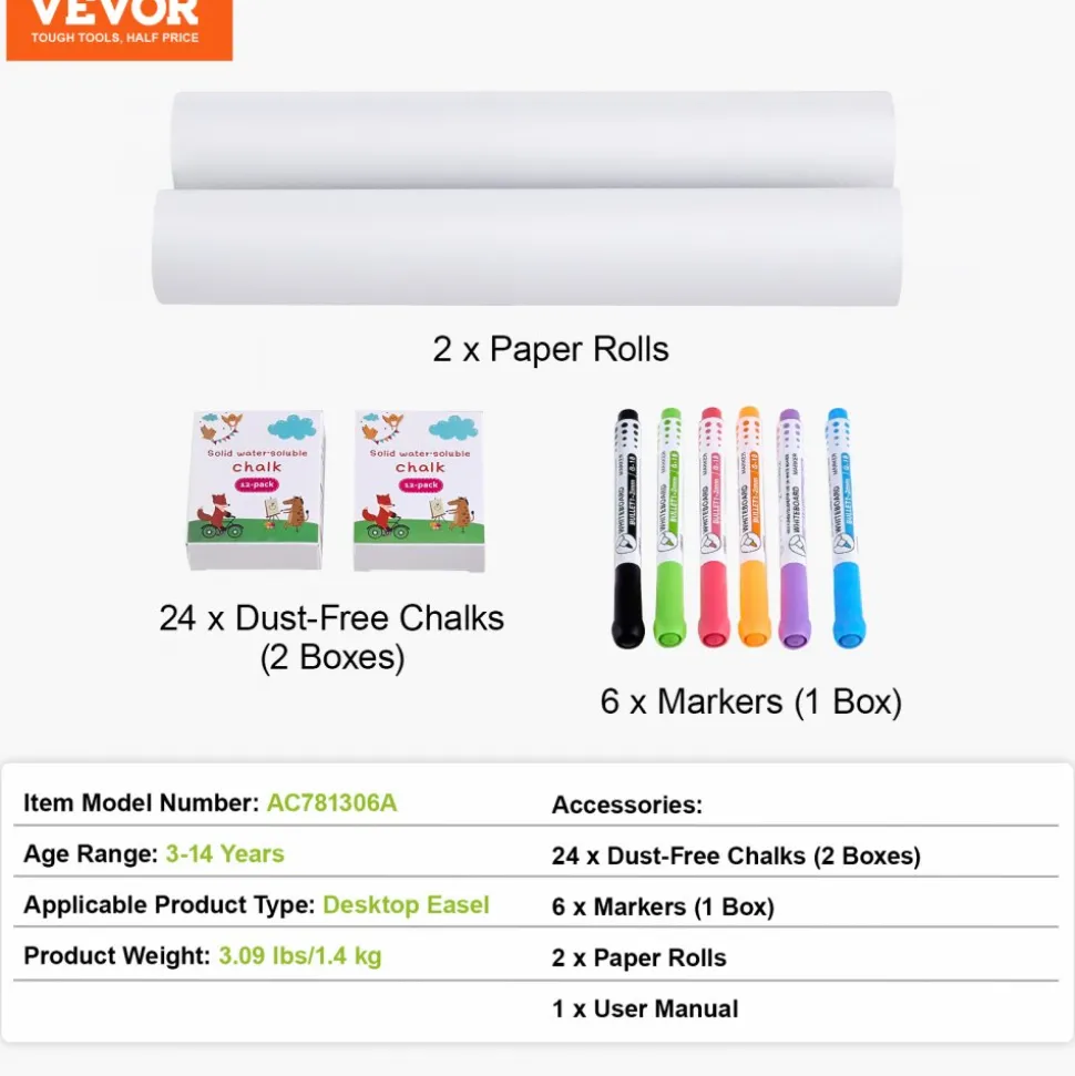 VEVOR Easel Accessory Set, 32 PCS Kid's Art Easel Painting Kit Including Chalks, Dry-Erase Markers & Paper Rolls, Supplies Set for Tabletop Art Easel, Painting Accessories for Toddlers Boys and Girls