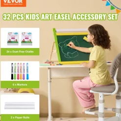 VEVOR Easel Accessory Set, 32 PCS Kid's Art Easel Painting Kit Including Chalks, Dry-Erase Markers & Paper Rolls, Supplies Set for Tabletop Art Easel, Painting Accessories for Toddlers Boys and Girls