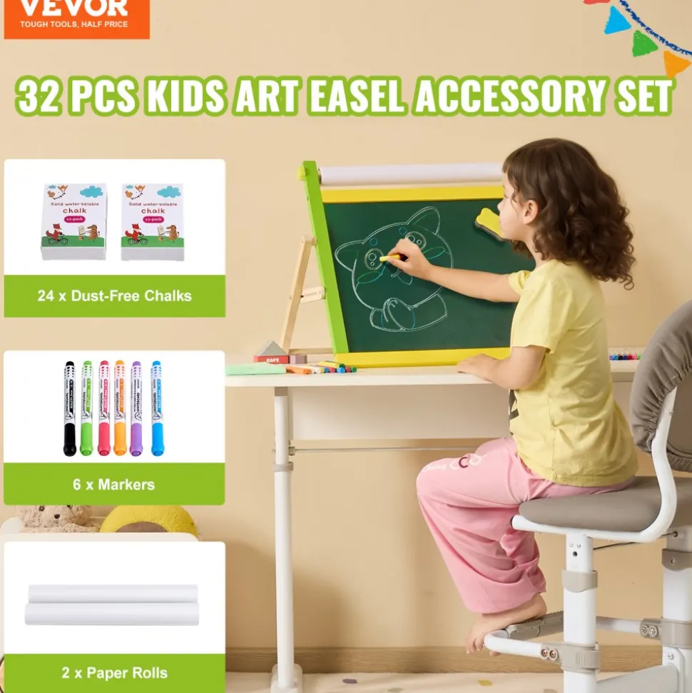 VEVOR Easel Accessory Set, 32 PCS Kid's Art Easel Painting Kit Including Chalks, Dry-Erase Markers & Paper Rolls, Supplies Set for Tabletop Art Easel, Painting Accessories for Toddlers Boys and Girls