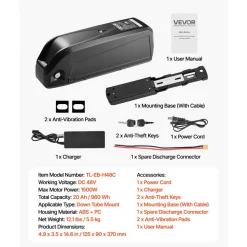 VEVOR Ebike Battery, 48V 20Ah Electric Bike Lithium Battery Pack with BMS, USB Charge Port, 3A Charger & Lock for 1500W E-Bike Motor, Detachable Electric Bicycle Replacement Kit with Discharge Socket