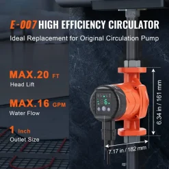 VEVOR E007-2F2 Hot Water Recirculating Pump, 110V, 42W 16 GPM High Efficiency Circulator Pump, EMC Automatic Hot Water Circulation Pump 1