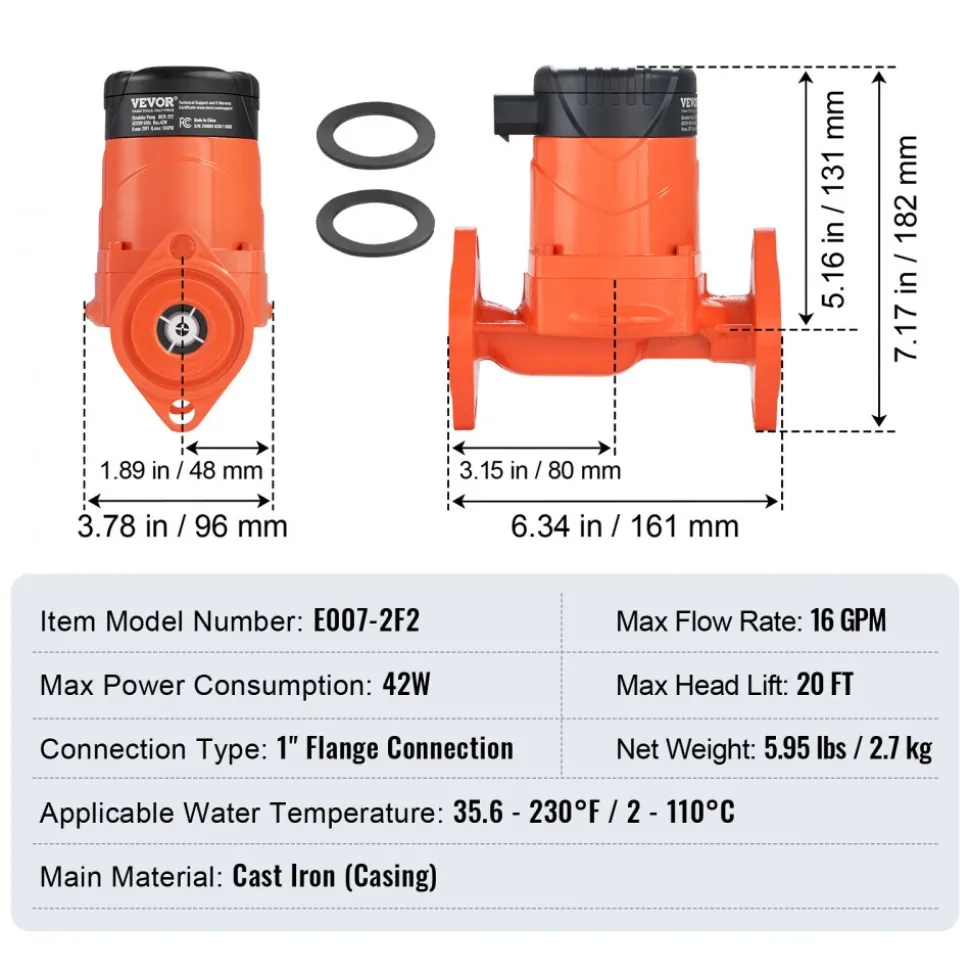 VEVOR E007-2F2 Hot Water Recirculating Pump, 110V, 42W 16 GPM High Efficiency Circulator Pump, EMC Automatic Hot Water Circulation Pump 1" NPT Flange Circulator Pump for Home Water Heater System
