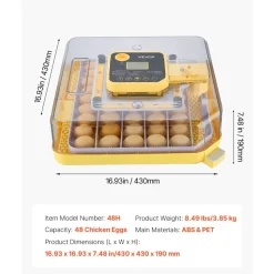 VEVOR 48 Egg Incubator, Automatic Egg Turner with LED Candler, Temperature Display & Auto Humidity Control, 360° View Clear Window, Poultry Eggs Incubator for Hatching Chicks Ducks Goose Quail