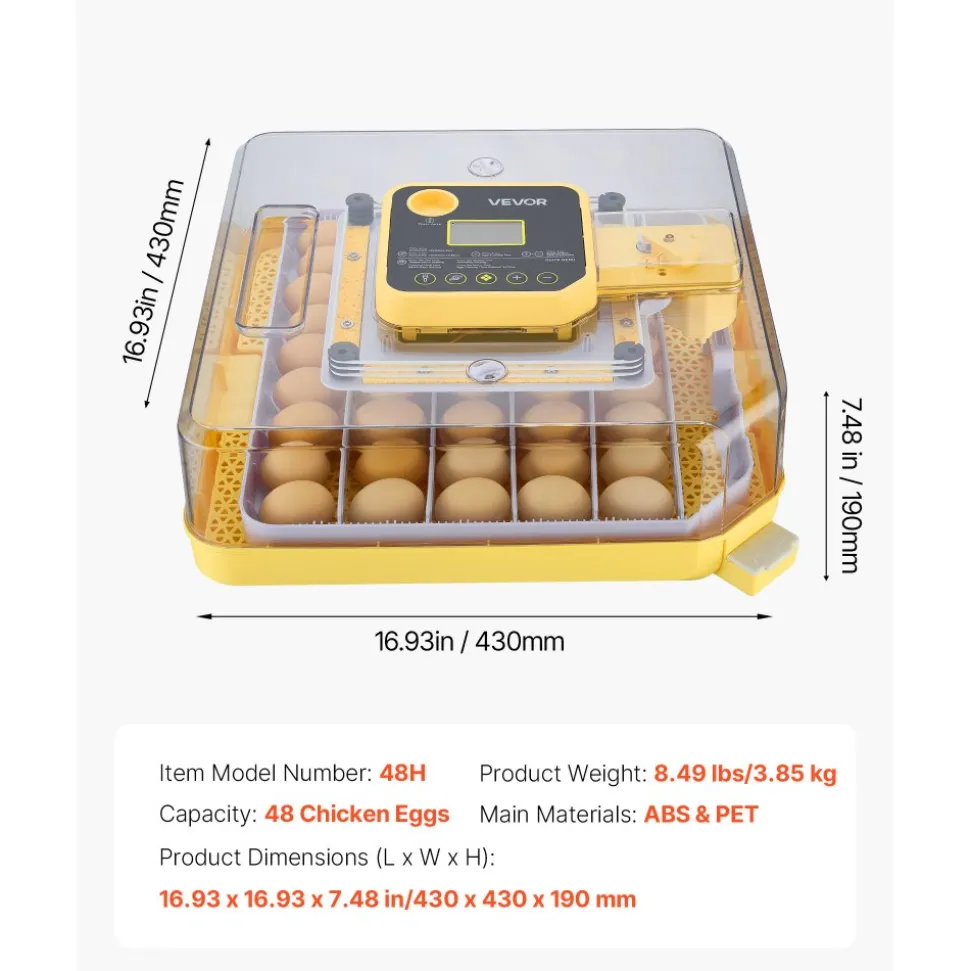 VEVOR 48 Egg Incubator, Automatic Egg Turner with LED Candler, Temperature Display & Auto Humidity Control, 360° View Clear Window, Poultry Eggs Incubator for Hatching Chicks Ducks Goose Quail