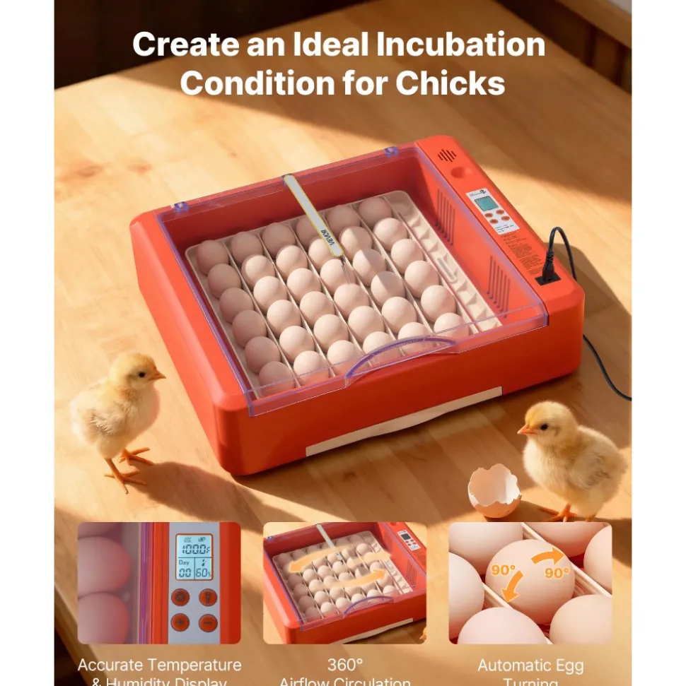 VEVOR 36 Egg Incubator, Automatic Egg Turner with LED Candler & Water Tray, Temperature & Humidity Control, 360° View Clear Window, Poultry Eggs Incubators for Hatching Chicks Ducks Goose Quails