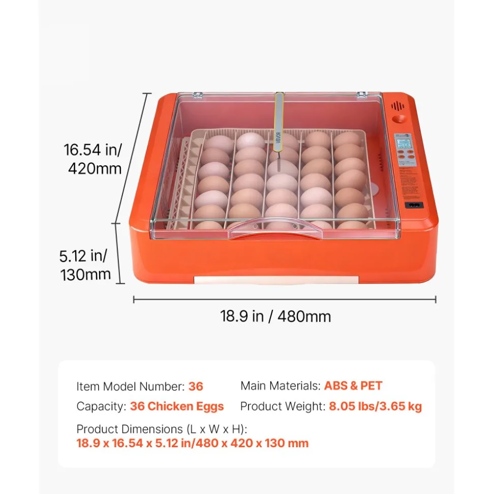 VEVOR 36 Egg Incubator, Automatic Egg Turner with LED Candler & Water Tray, Temperature & Humidity Control, 360° View Clear Window, Poultry Eggs Incubators for Hatching Chicks Ducks Goose Quails
