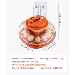 VEVOR 12 Egg Incubator, Automatic Egg Turner with LED Candler, Temperature & Humidity Control, 360° View Clear Window, Poultry Eggs Incubator for Home Farm, Hatching Chicks Ducks Goose Quail