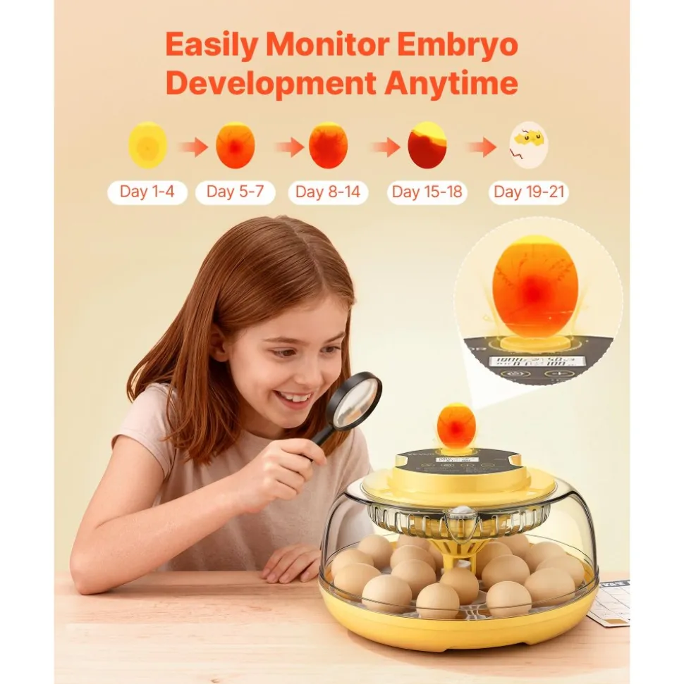 VEVOR 18 Egg Incubator, Automatic Egg Turner with LED Candler, Temperature & Humidity Control, 360° View Clear Window, Auto Water Refill, Poultry Eggs Incubators for Hatching Chicks Ducks Goose Quail