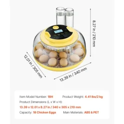 VEVOR 18 Egg Incubator, Automatic Egg Turner with LED Candler, Temperature & Humidity Control, 360° View Clear Window, Auto Water Refill, Poultry Eggs Incubators for Hatching Chicks Ducks Goose Quail