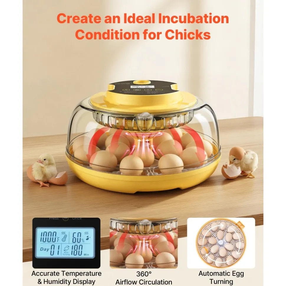 VEVOR 18 Egg Incubator, Automatic Egg Turner with LED Candler, Temperature & Humidity Control, 360° View Clear Window, Auto Water Refill, Poultry Eggs Incubators for Hatching Chicks Ducks Goose Quail