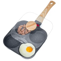 VEVOR Egg Pan, 4-Cup Nonstick Egg Frying Pan, Aluminum Breakfast Omelette Skillet for Pancakes, Hamburgers, Sandwiches, with Lid, Oil Brush, Scraper, Compatible with Gas Stove & Induction Cookware