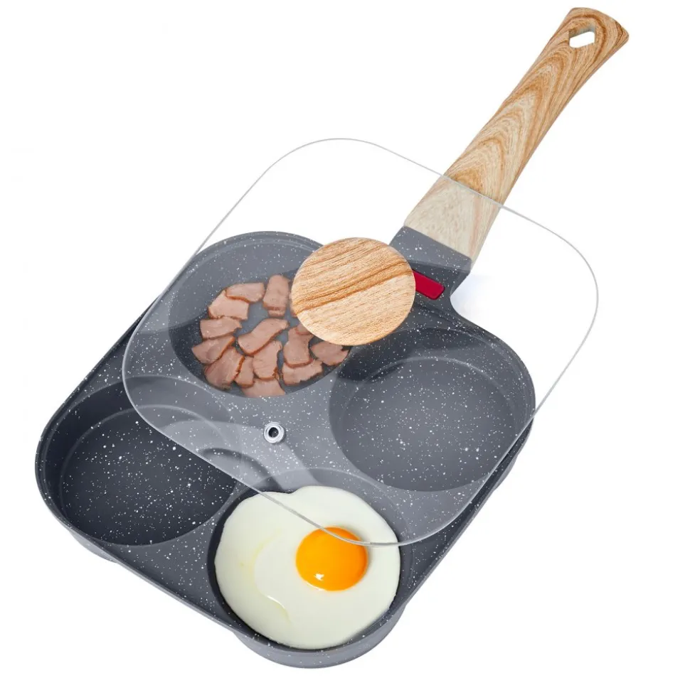 VEVOR Egg Pan, 4-Cup Nonstick Egg Frying Pan, Aluminum Breakfast Omelette Skillet for Pancakes, Hamburgers, Sandwiches, with Lid, Oil Brush, Scraper, Compatible with Gas Stove & Induction Cookware