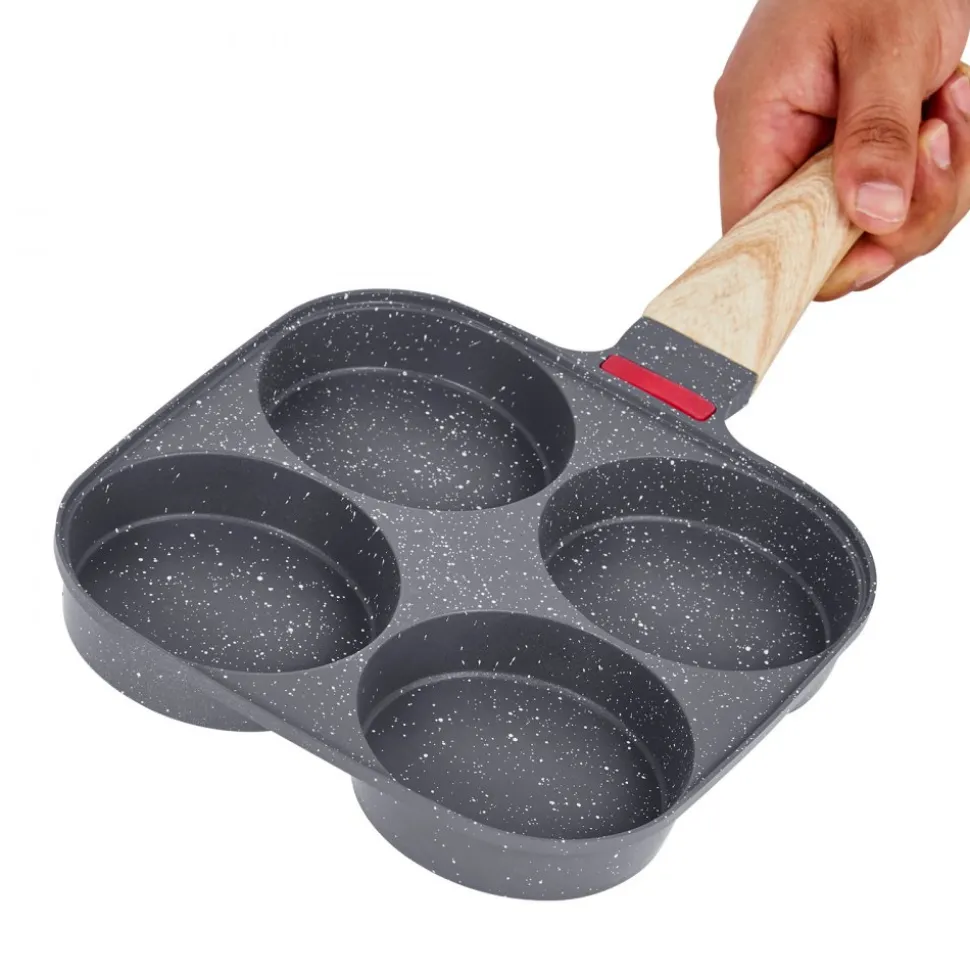 VEVOR Egg Pan, 4-Cup Nonstick Egg Frying Pan, Aluminum Breakfast Omelette Skillet for Pancakes, Hamburgers, Sandwiches, with Lid, Oil Brush, Scraper, Compatible with Gas Stove & Induction Cookware