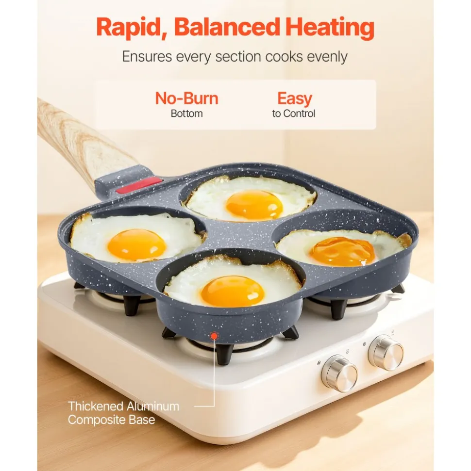 VEVOR Egg Pan, 4-Cup Nonstick Egg Frying Pan, Aluminum Breakfast Omelette Skillet for Pancakes, Hamburgers, Sandwiches, with Lid, Oil Brush, Scraper, Compatible with Gas Stove & Induction Cookware