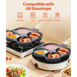 VEVOR Egg Pan, 4-Cup Nonstick Egg Frying Pan, Aluminum Breakfast Omelette Skillet for Pancakes, Hamburgers, Sandwiches, with Lid, Oil Brush, Scraper, Compatible with Gas Stove & Induction Cookware