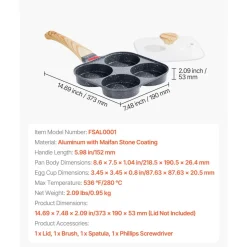 VEVOR Egg Pan, 4-Cup Nonstick Egg Frying Pan, Aluminum Breakfast Omelette Skillet for Pancakes, Hamburgers, Sandwiches, with Lid, Oil Brush, Scraper, Compatible with Gas Stove & Induction Cookware