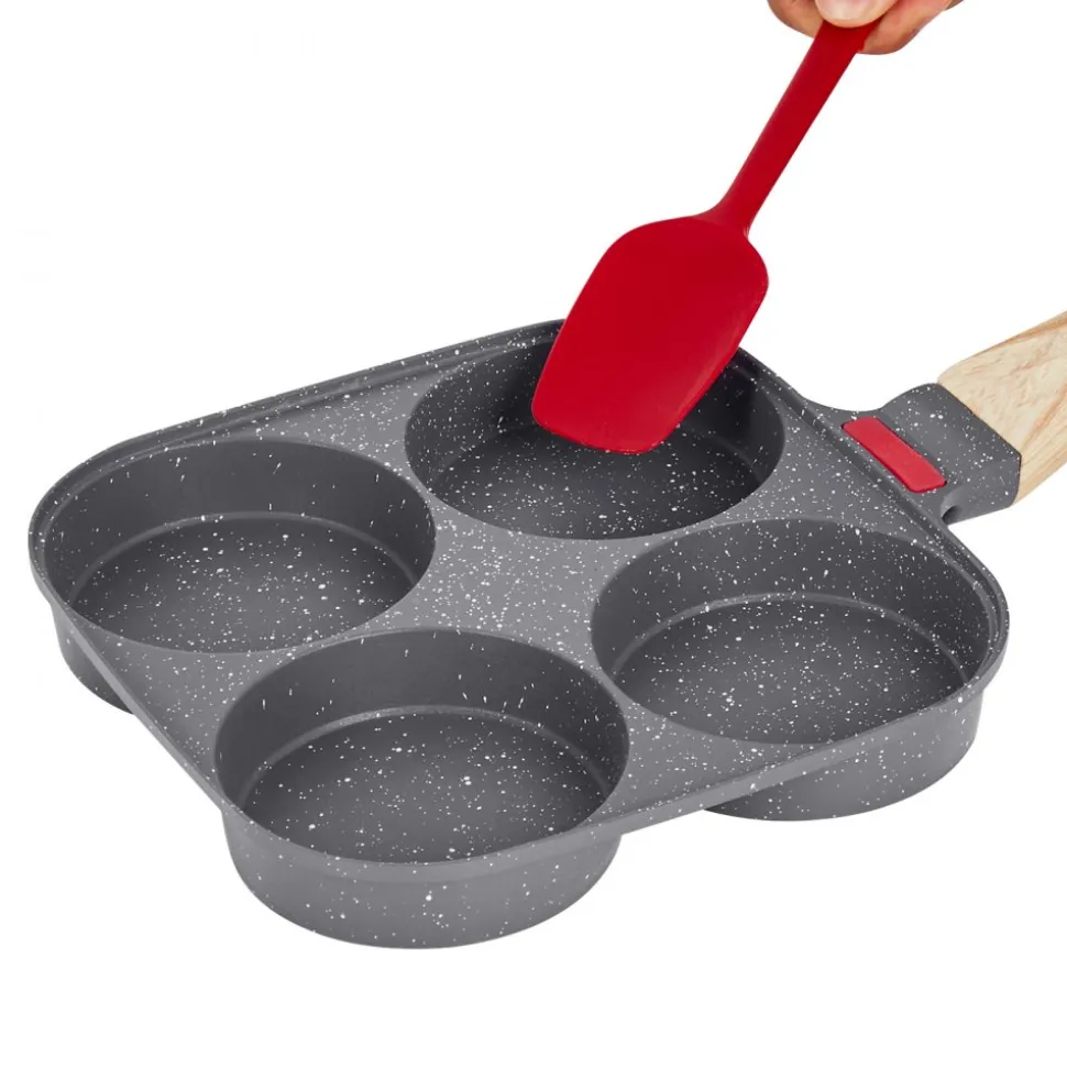 VEVOR Egg Pan, 4-Cup Nonstick Egg Frying Pan, Aluminum Breakfast Omelette Skillet for Pancakes, Hamburgers, Sandwiches, with Lid, Oil Brush, Scraper, Compatible with Gas Stove & Induction Cookware